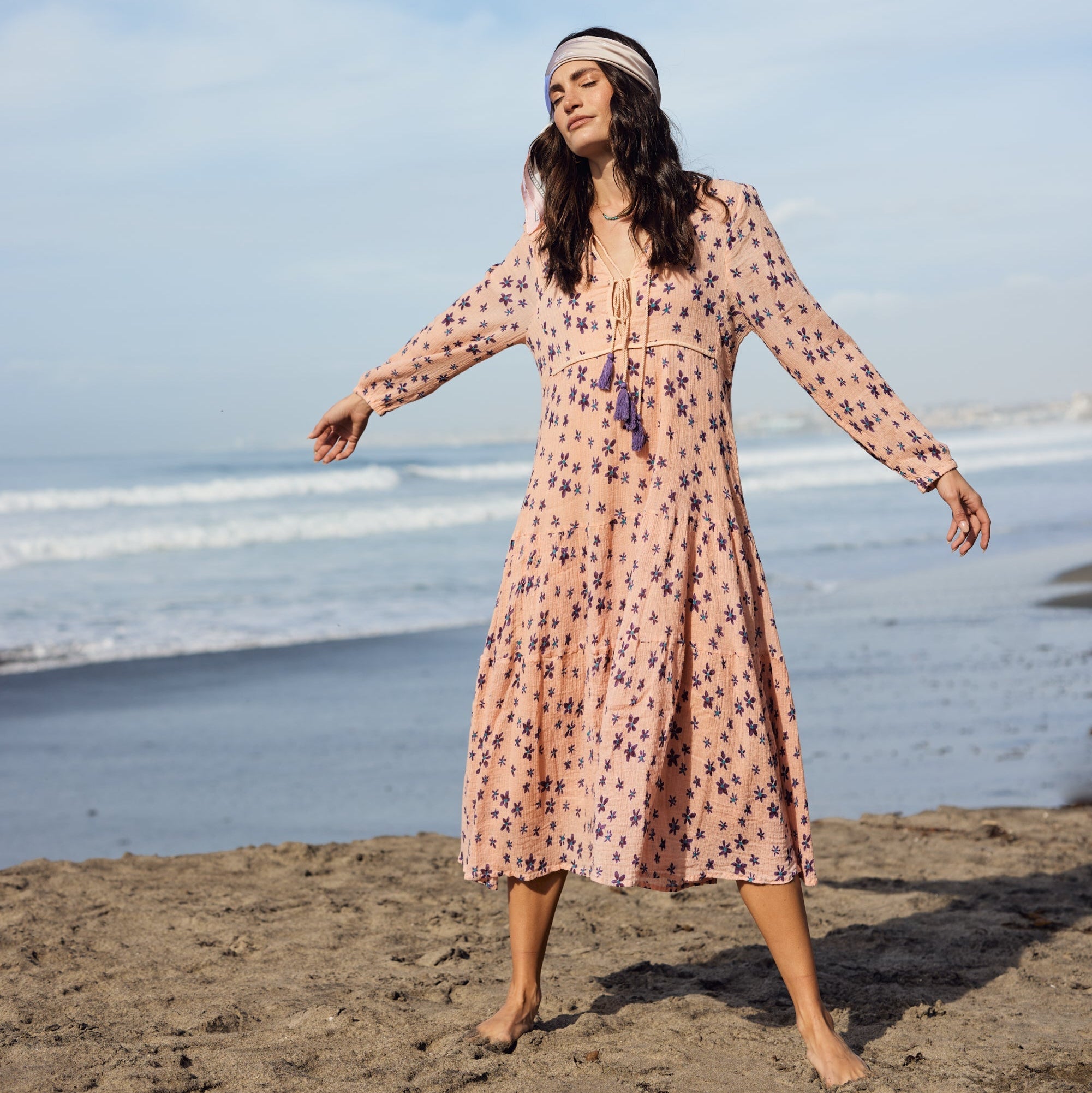 Marisa Printed Midi Dress Long Sleeve With Tassels Coral/Purple
