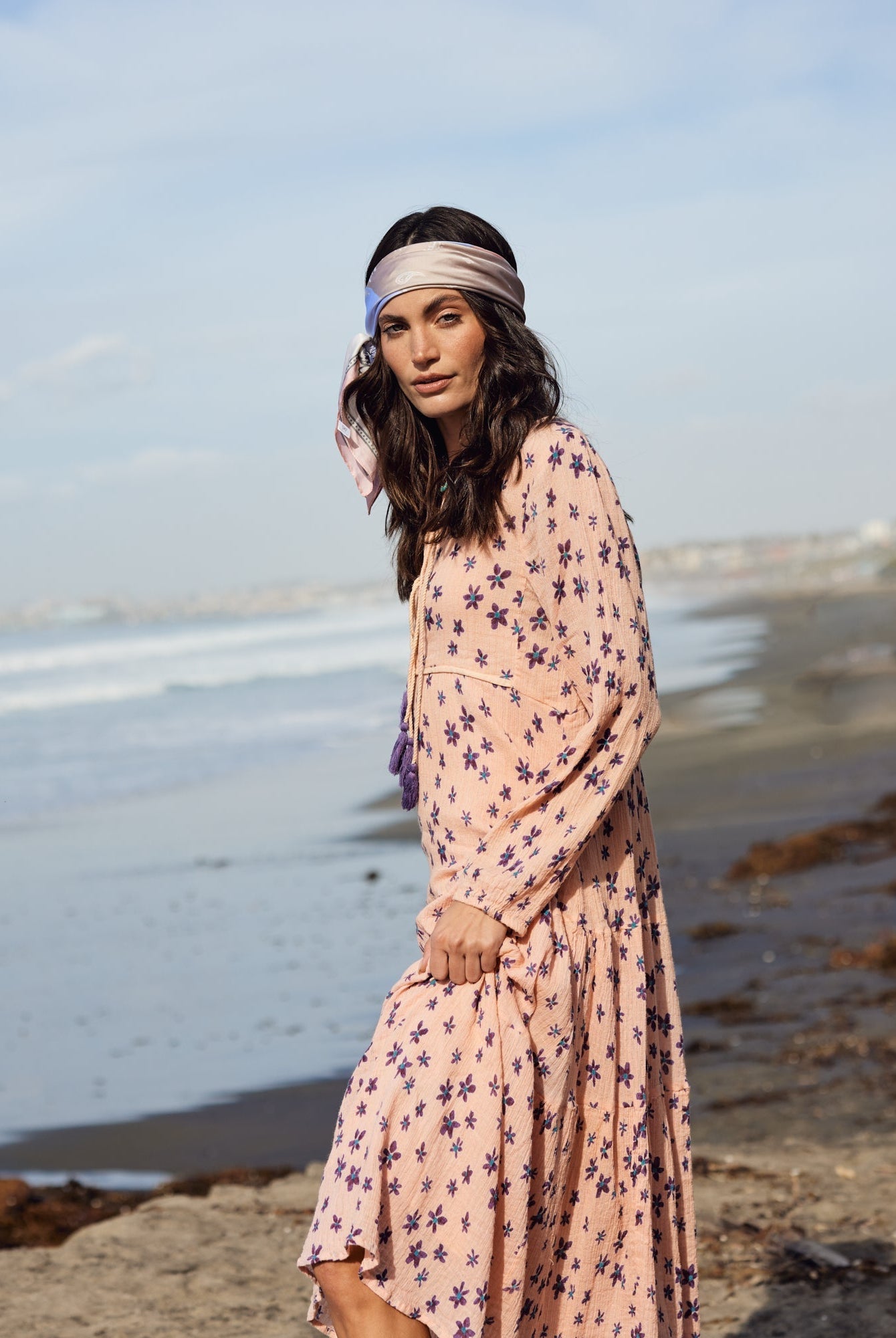 Marisa Printed Midi Dress Long Sleeve With Tassels Coral/Purple