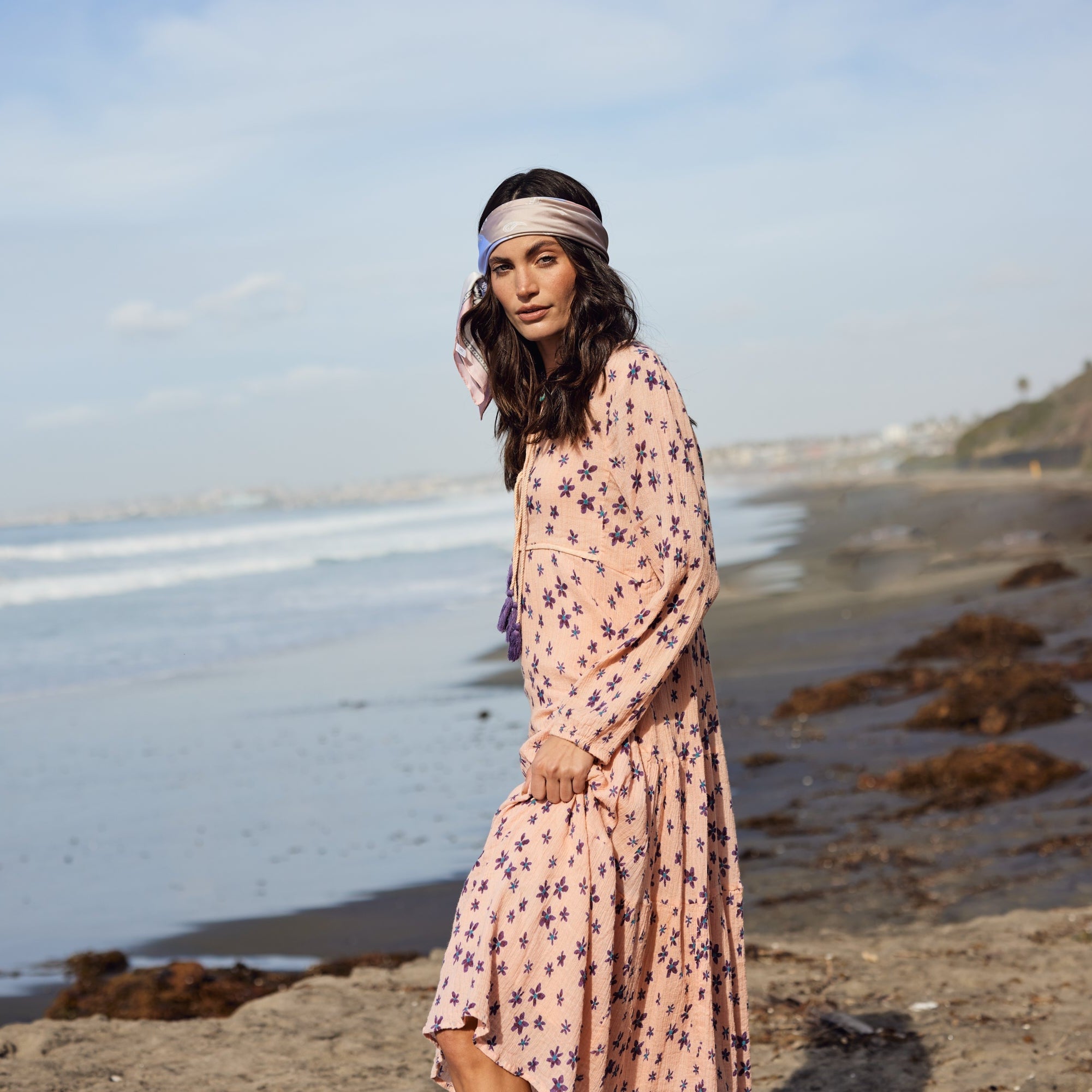 Marisa Printed Midi Dress Long Sleeve With Tassels Coral/Purple