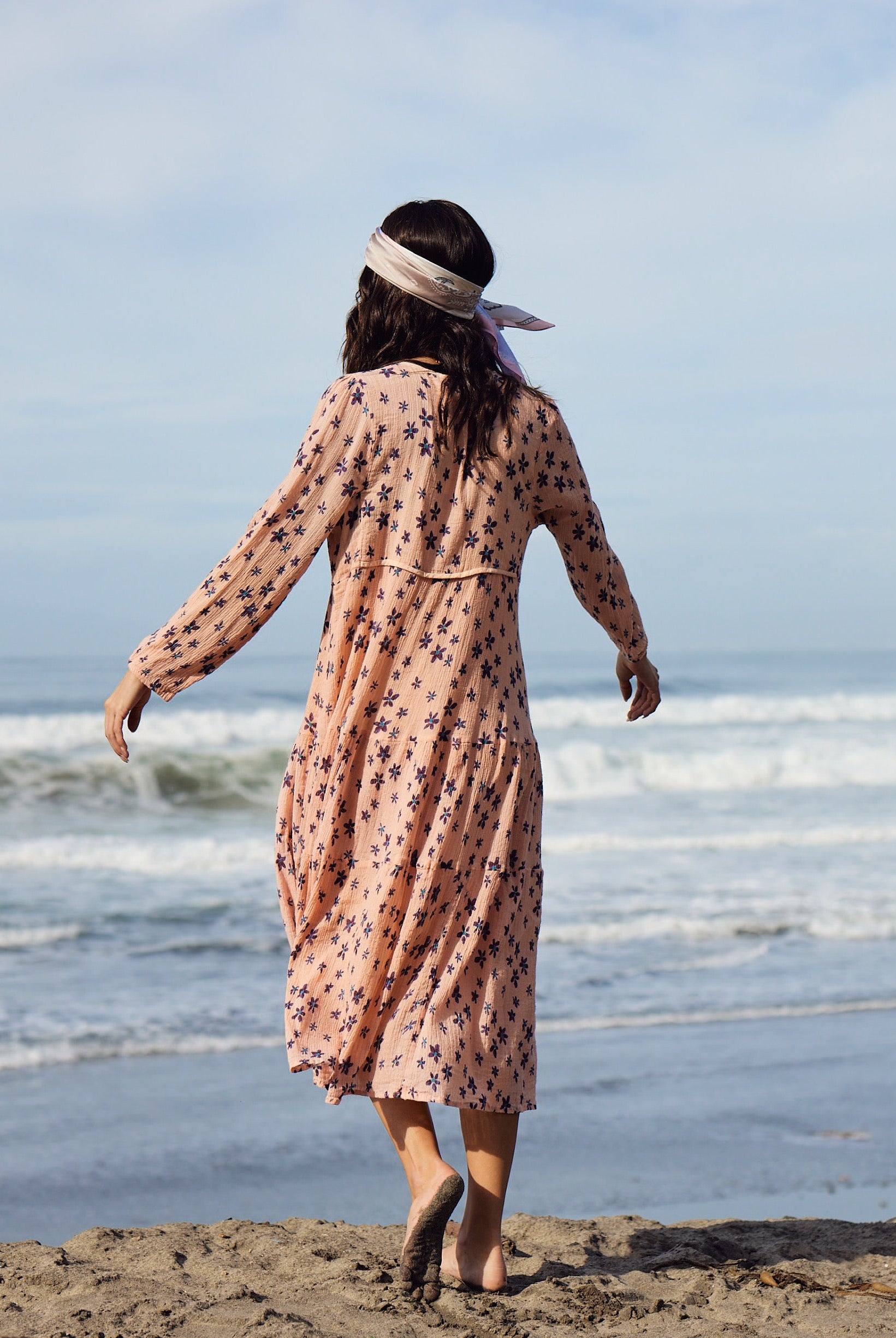 Marisa Printed Midi Dress Long Sleeve With Tassels Coral/Purple