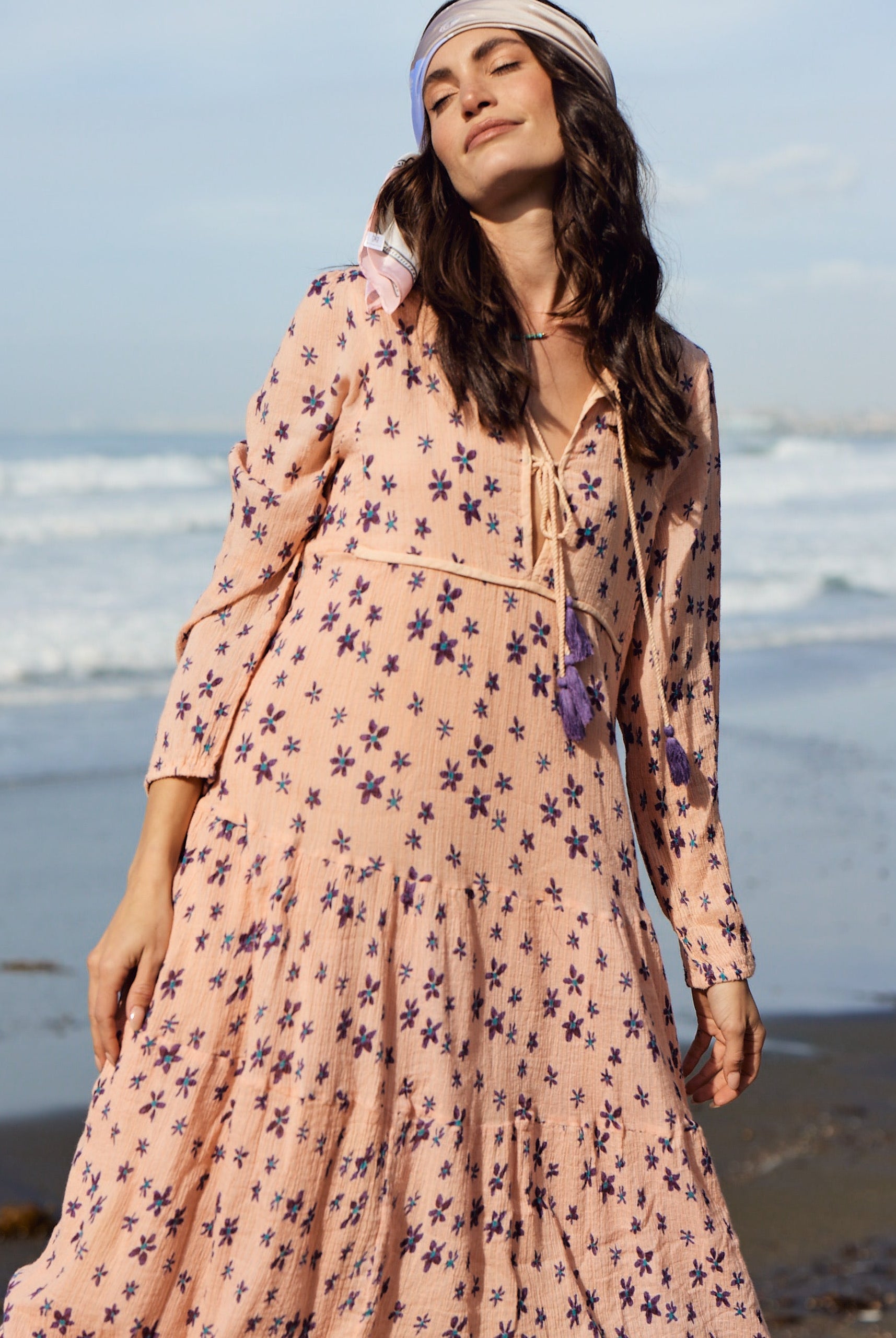 Marisa Printed Midi Dress Long Sleeve With Tassels Coral/Purple S M