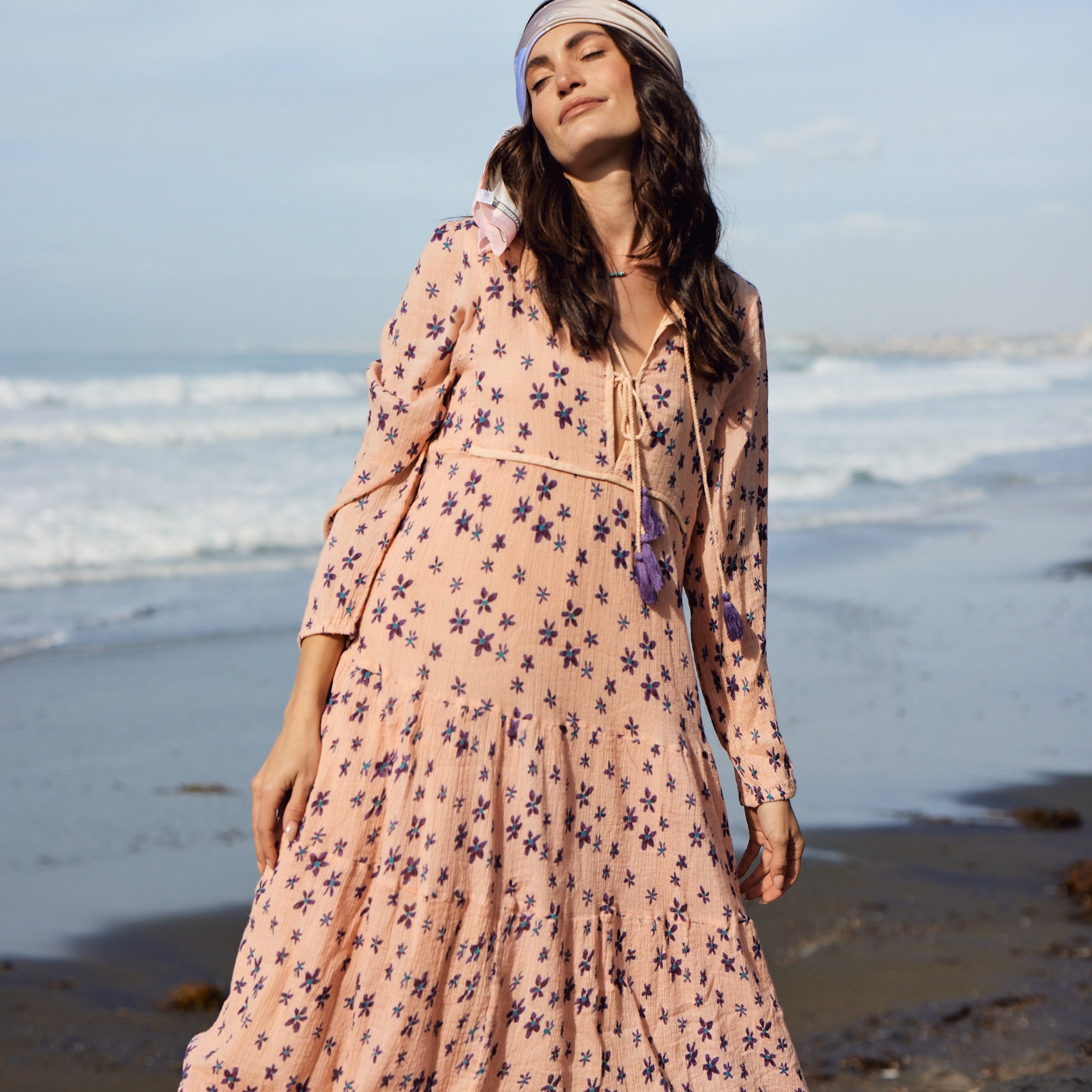 Marisa Printed Midi Dress Long Sleeve With Tassels Coral/Purple