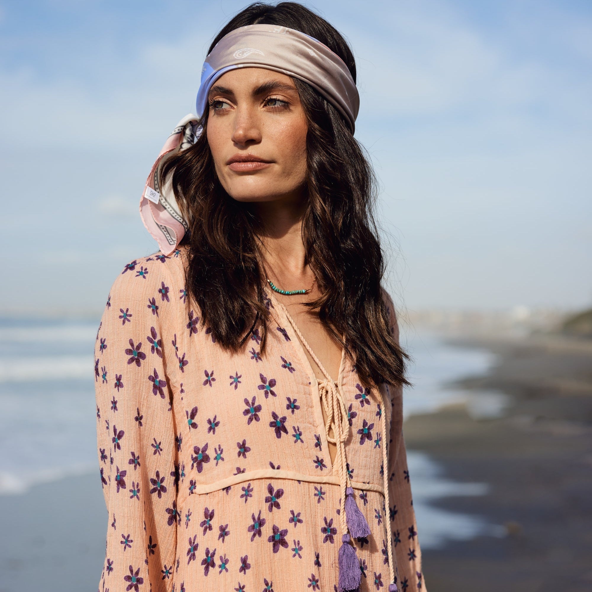 Marisa Printed Midi Dress Long Sleeve With Tassels Coral/Purple