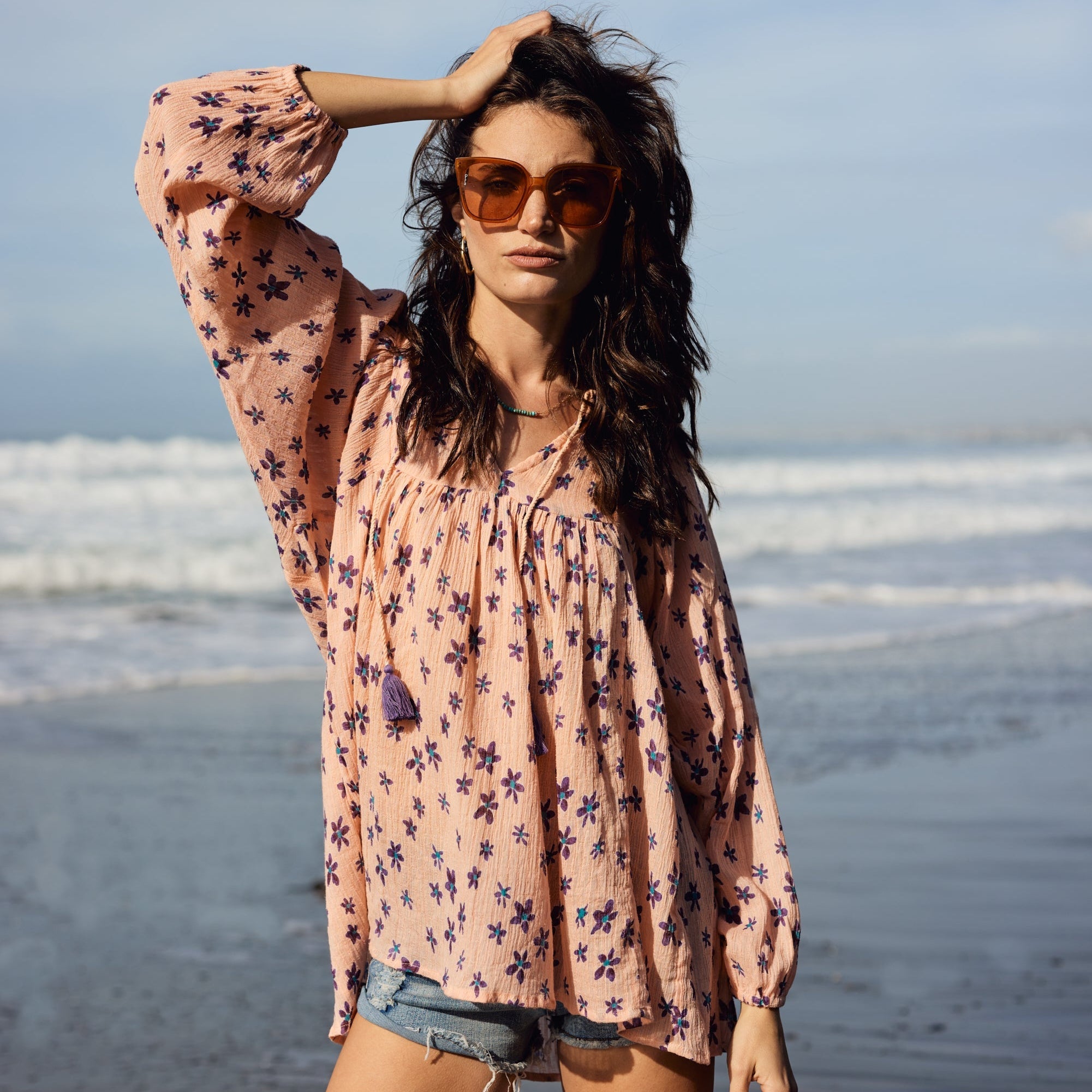 Marisa Printed Blouse Long Sleeves With Tassels Coral/Purple