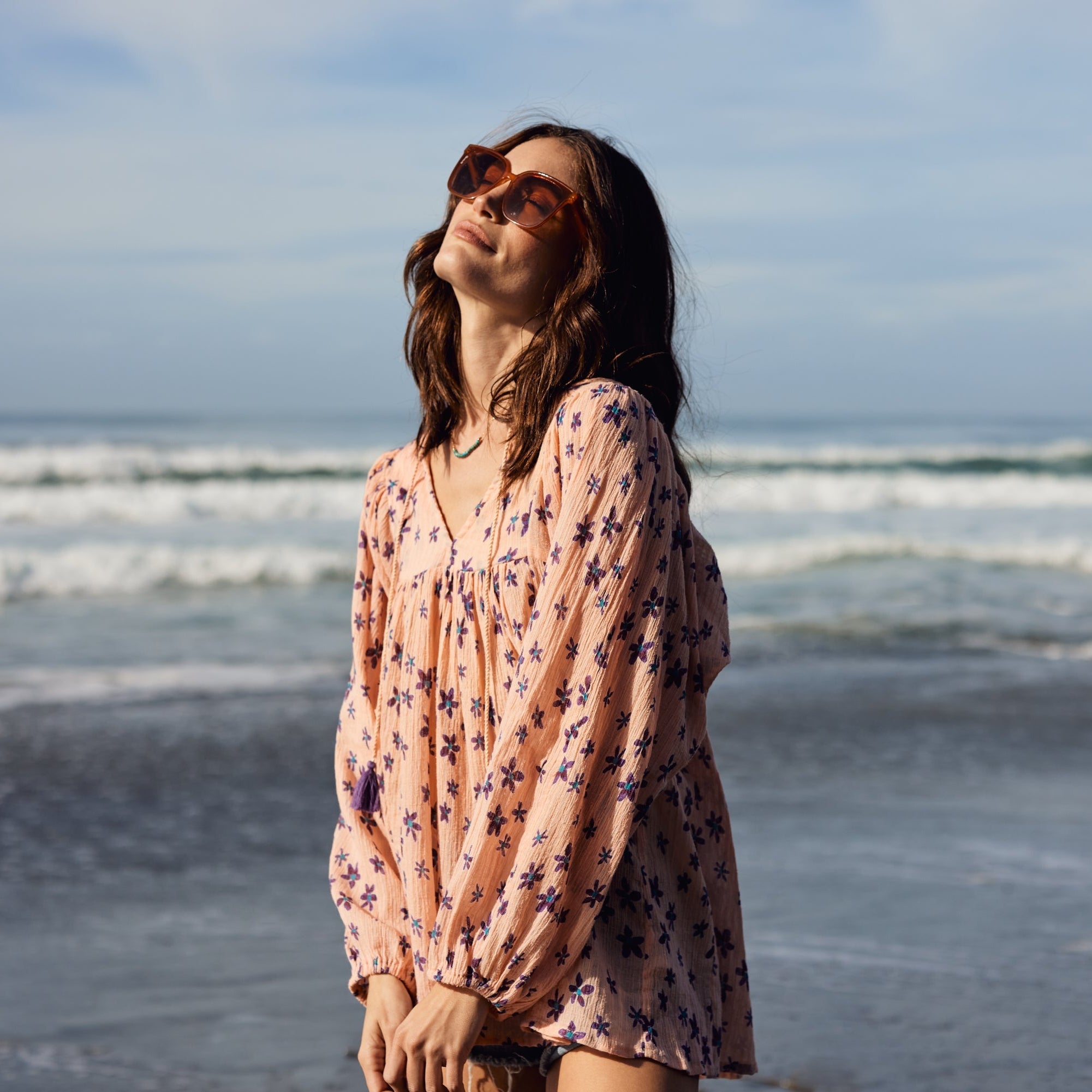 Marisa Printed Blouse Long Sleeves With Tassels Coral/Purple