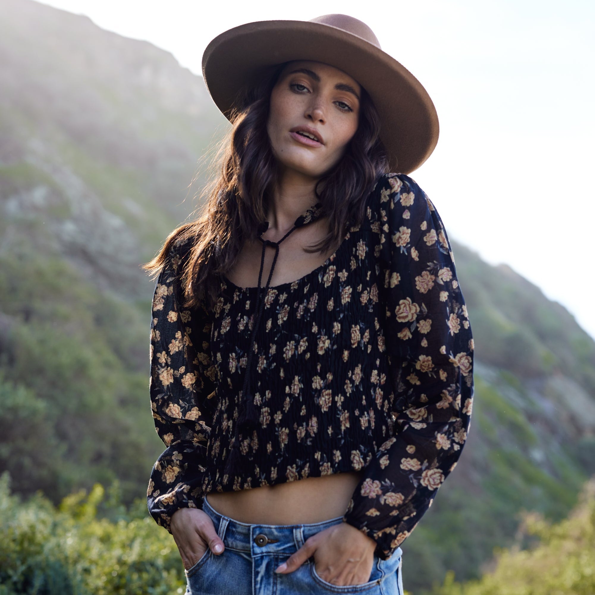 Morgan Printed Blouse Long Sleeves With Open Collar Black Rose