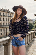 Morgan Printed Blouse with open collar Black Rose