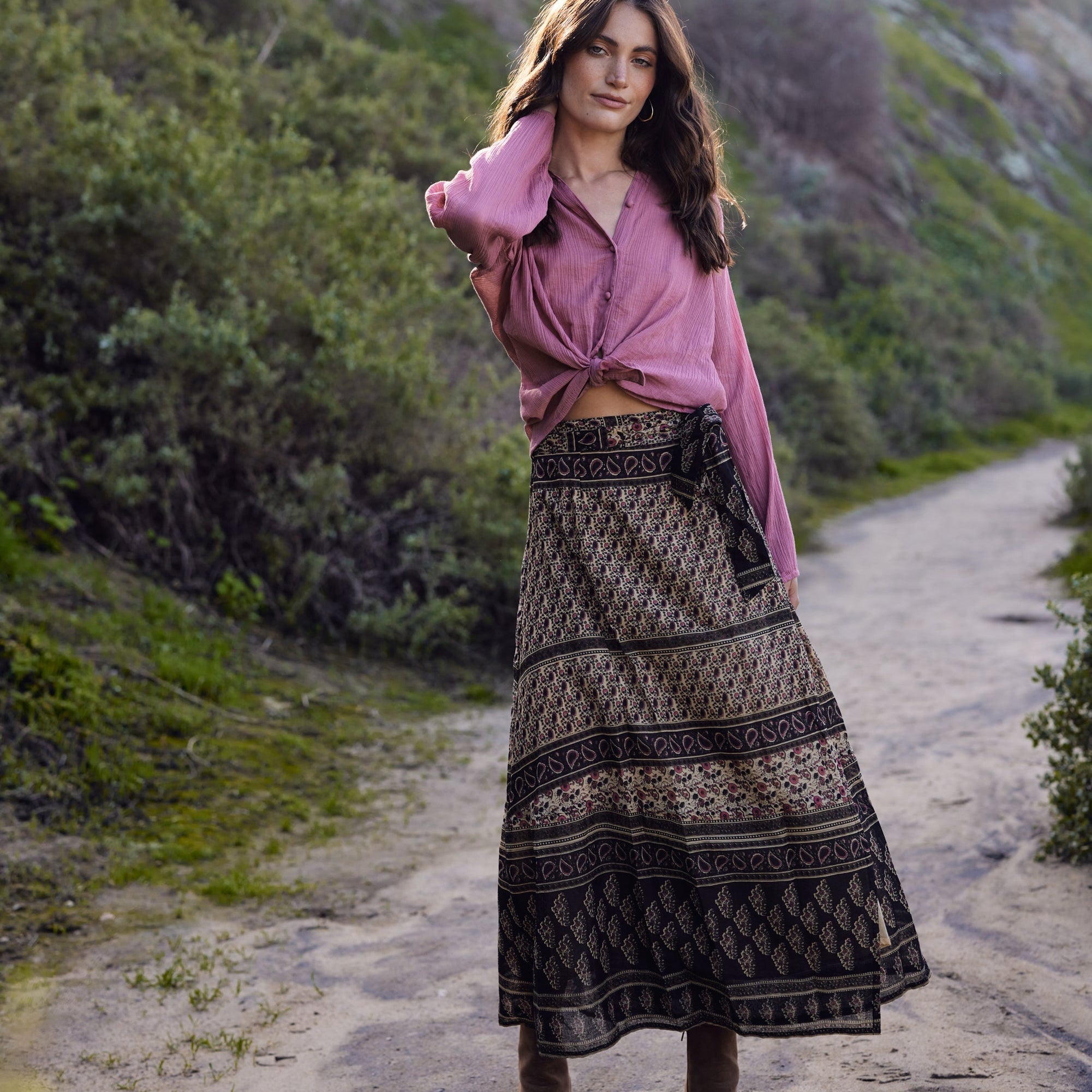 Vanessa Printed Maxi Wrap Skirt Vintage Brown