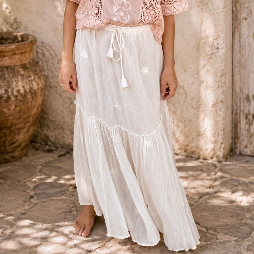 Thelma Embroidered Maxi Skirt With Adjustable Drawstring Natural