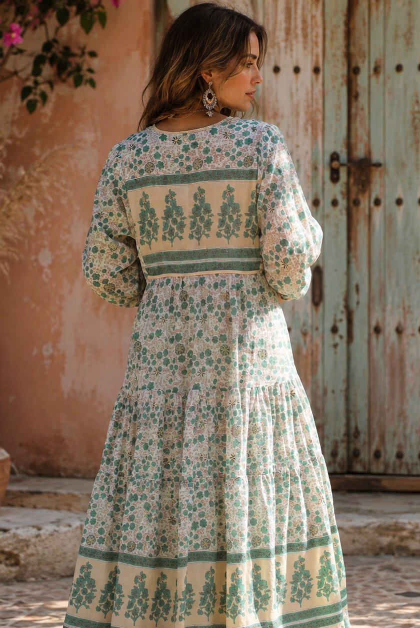 Kayla Printed Long Dress With Tassels Peach/Aqua
