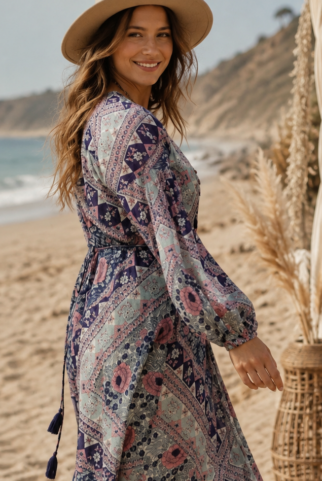 Naomi Printed Maxi Wrap Dress Long Sleeves Blue