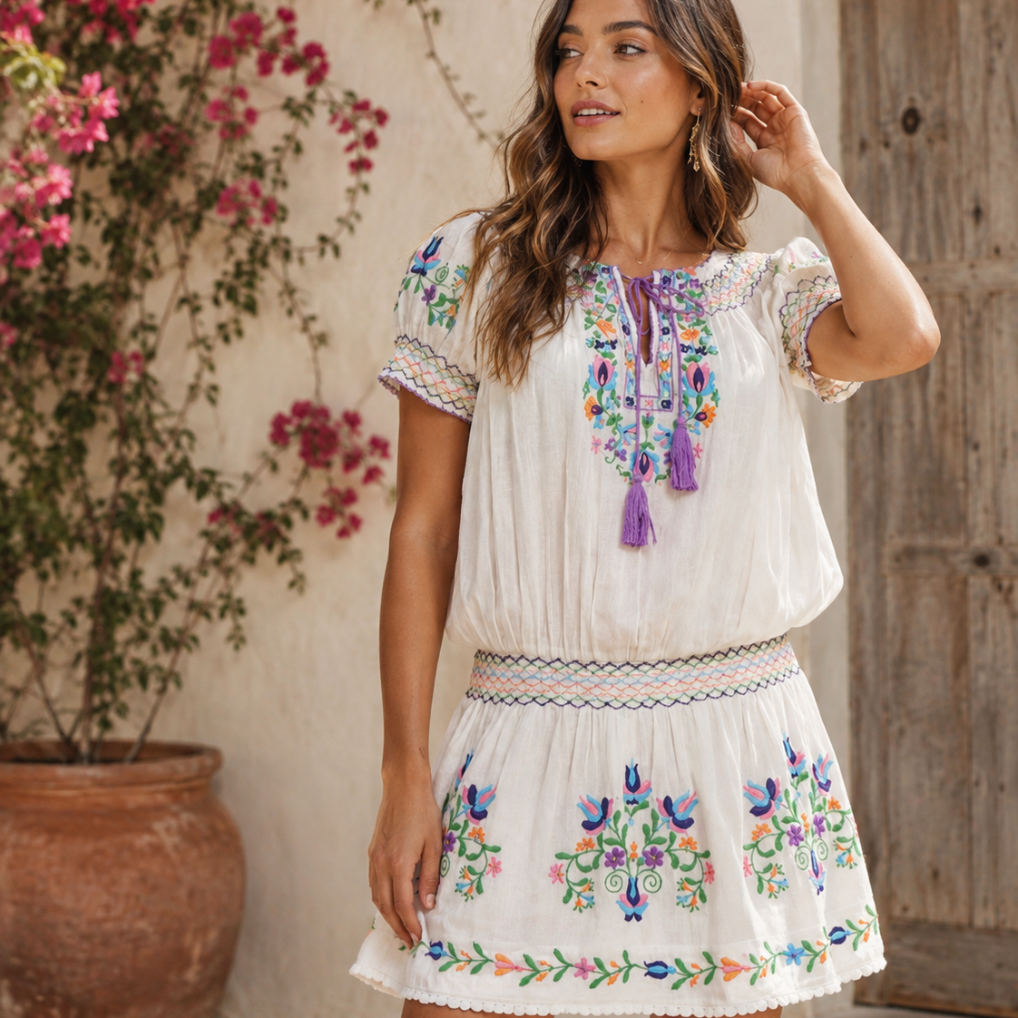 Everly Embroidered Short Dress Off Shoulder Natural/ Multicolor
