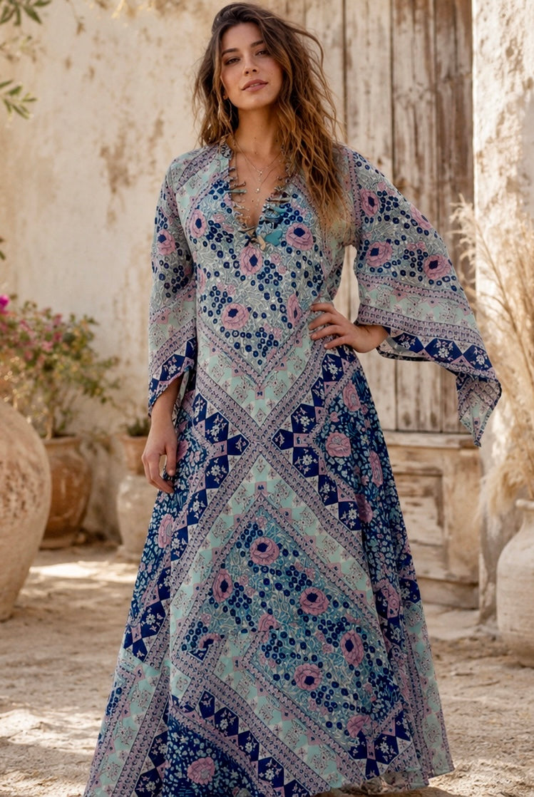 Audrey Printed Maxi Dress Butterfly Sleeves Patchwork Blue