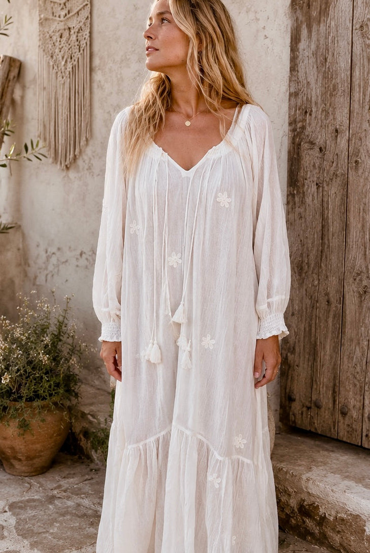 Thelma Embroidered Maxi Dress With Long Sleeves And Side Pockets Natural