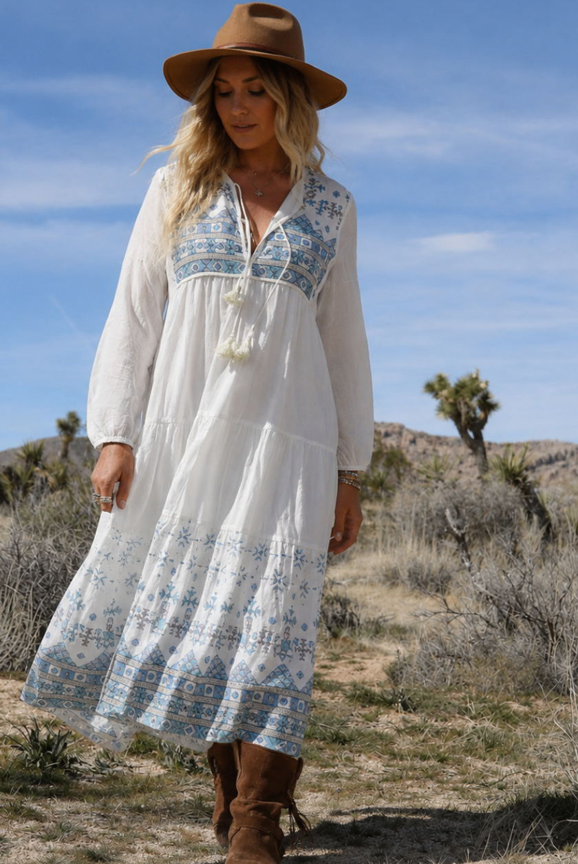 Kayla Printed Long Dress With Tassels Natural/Blue SM