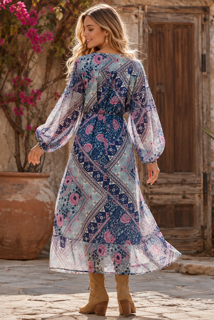 Naomi Printed Maxi Wrap Dress Long Sleeves Blue