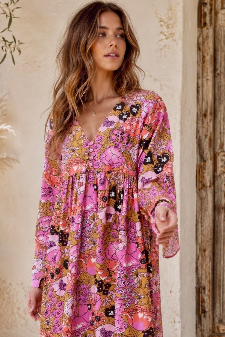 Hawaii Printed Maxi Dress Pink M L