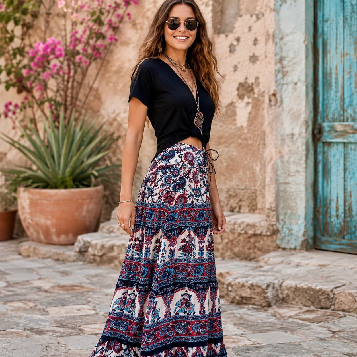 Luna Printed Long Skirt Blue/Red With Silver Lurex