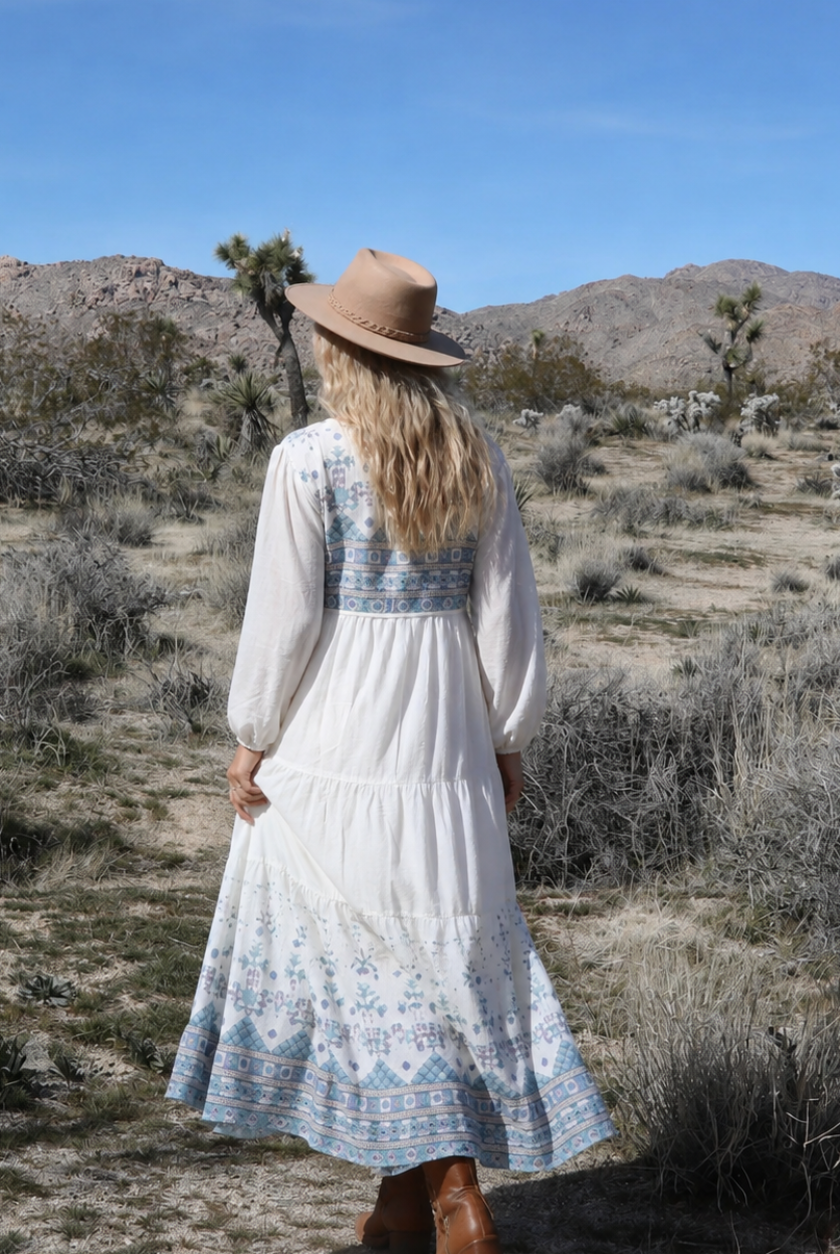 Kayla Printed Long Dress With Tassels Natural/Blue