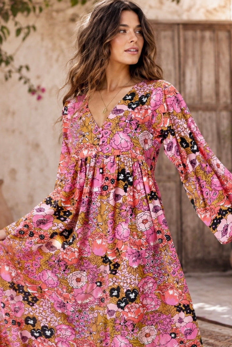 Hawaii Printed Maxi Dress Pink S M