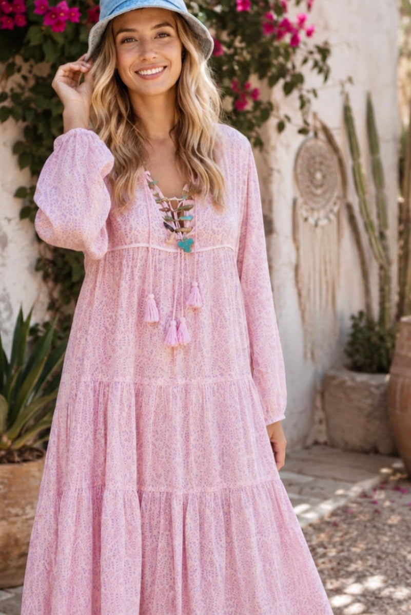 Kayla Printed Long Dress With Tassels Vintage Pink
