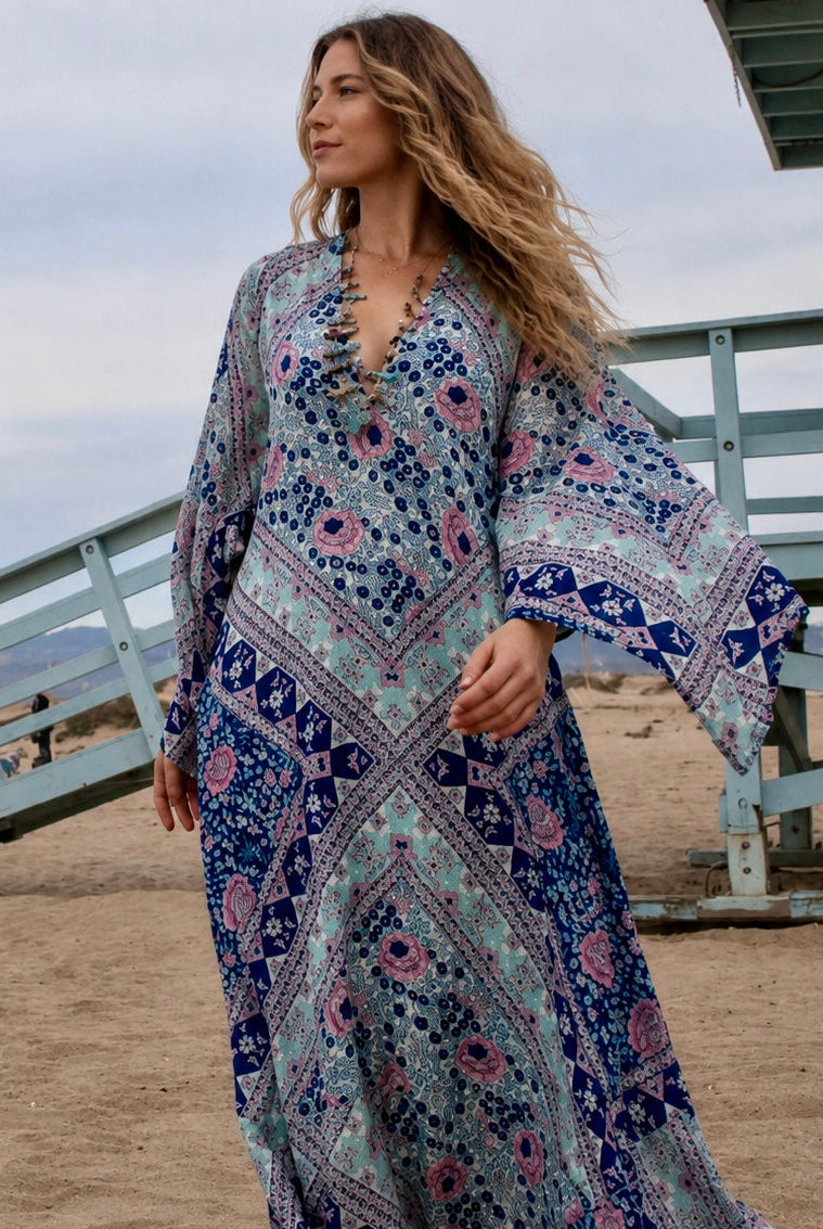 Audrey Printed Maxi Dress Butterfly Sleeves Patchwork Blue M