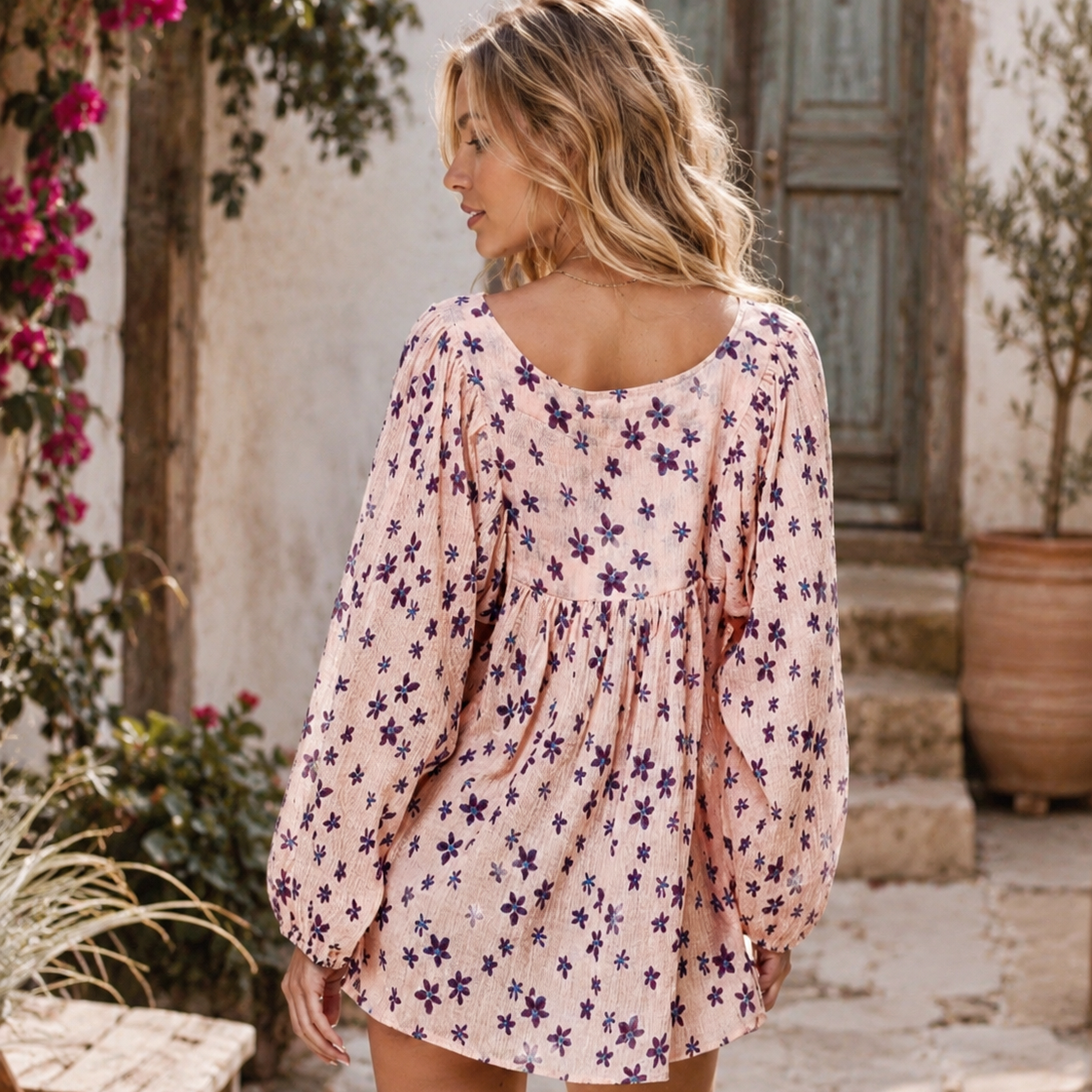 Marisa Printed Blouse Long Sleeves With Tassels Coral/Purple