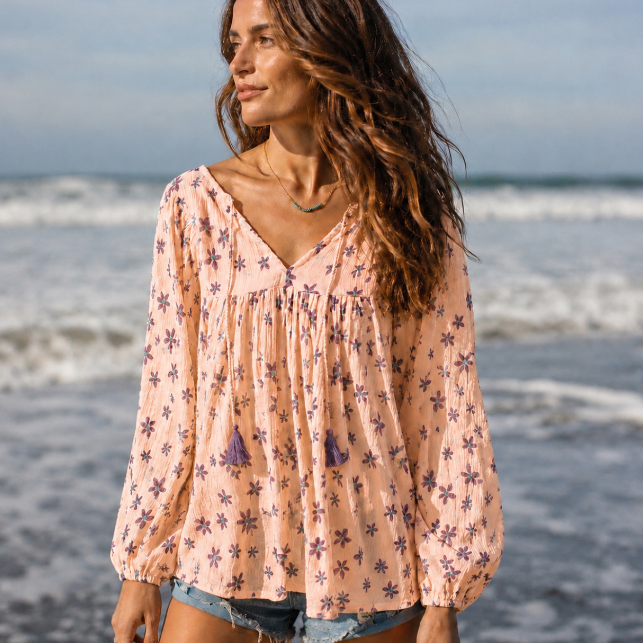 Marisa Printed Blouse Long Sleeves With Tassels Coral/Purple
