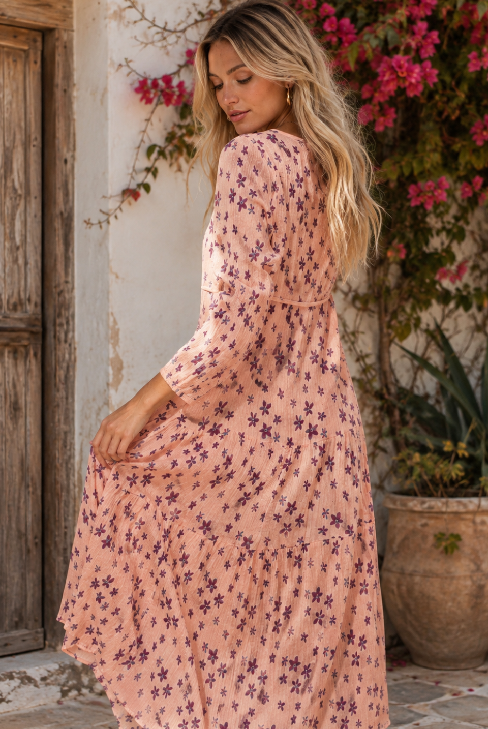 Marisa Printed Midi Dress Long Sleeve With Tassels Coral/Purple