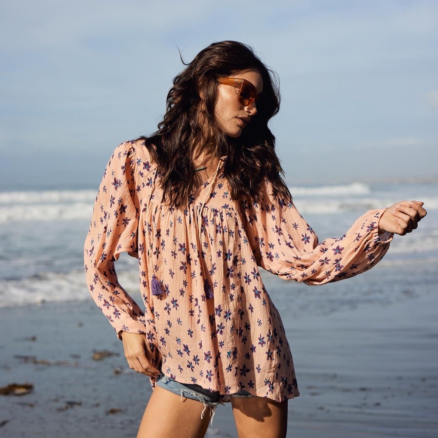 Marisa Printed Blouse Long Sleeves With Tassels Coral/Purple
