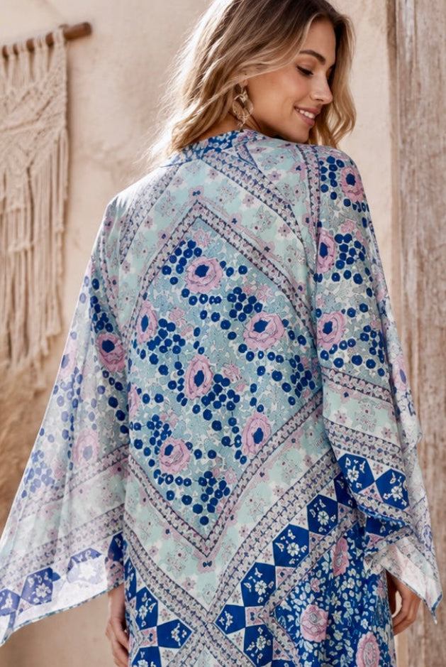 Audrey Printed Maxi Dress Butterfly Sleeves Patchwork Blue