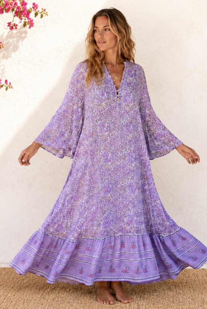 Audrey Printed Maxi Dress With Butterfly Sleeves Lilac
