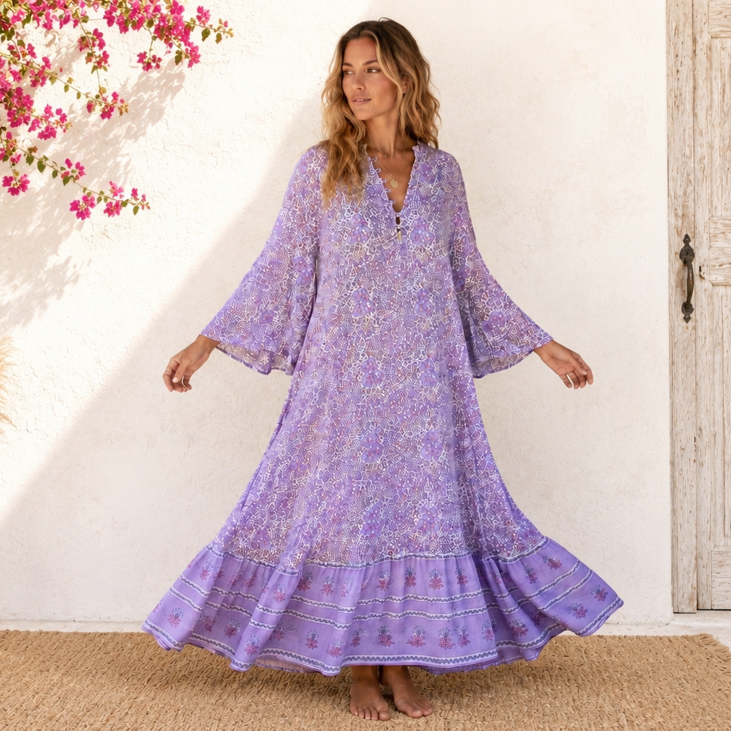 Audrey Printed Maxi Dress With Butterfly Sleeves Lilac