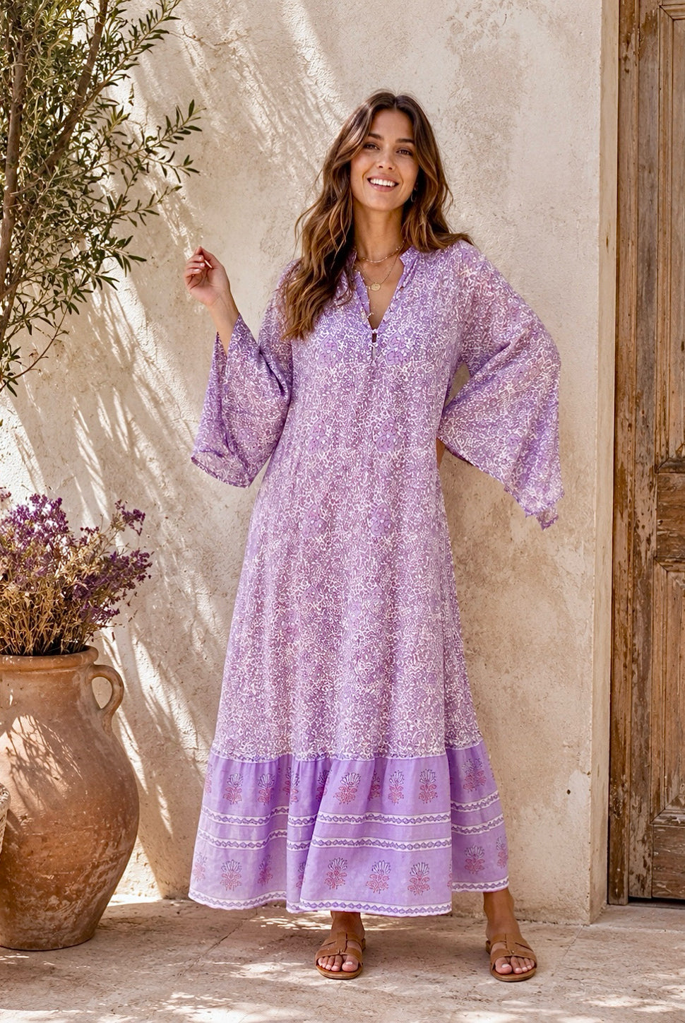 Audrey Printed Maxi Dress With Butterfly Sleeves Lilac M