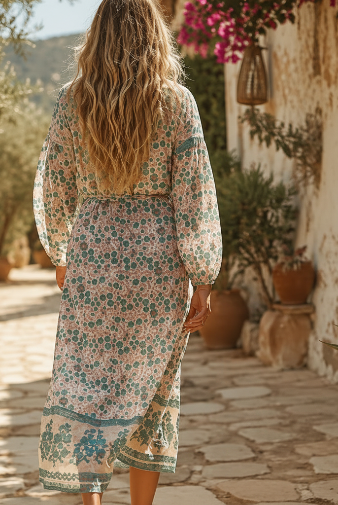 Naomi Printed Wrap Dress Long Sleeves Peach