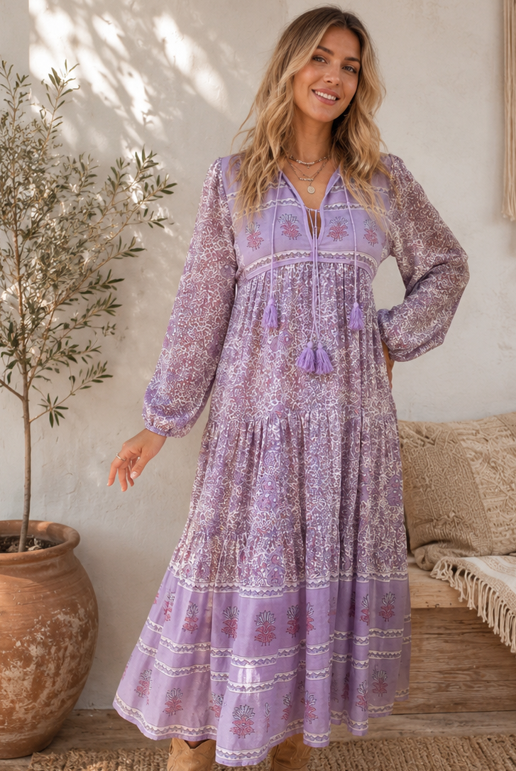 Kayla Printed Long Dress With Tassels Lilac M