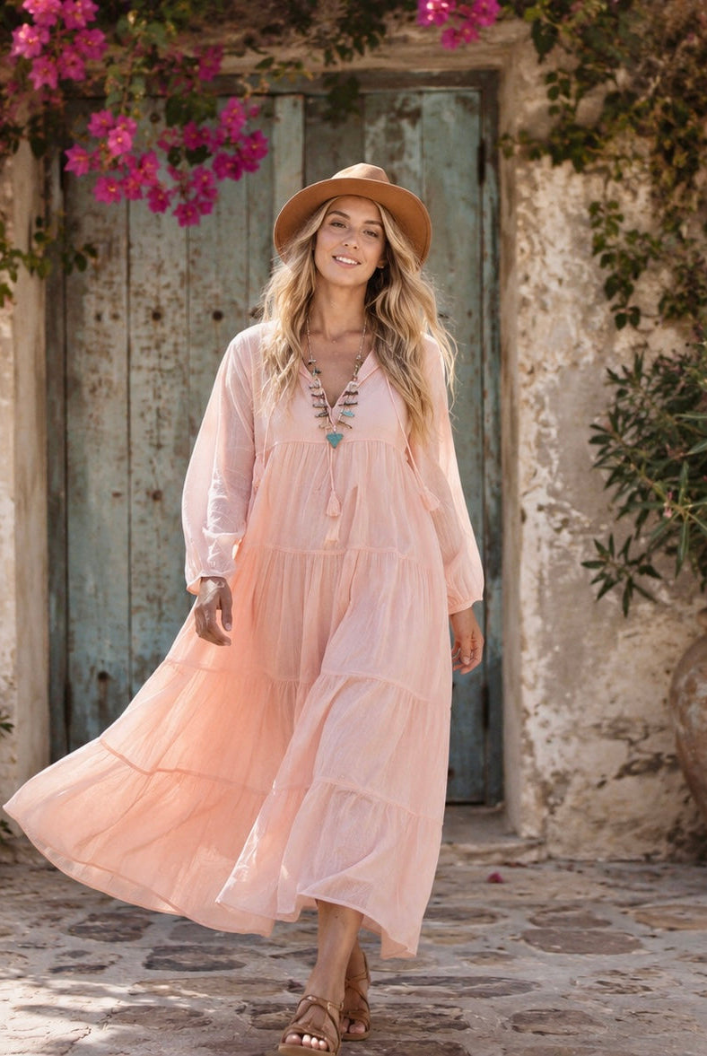 Mylene Hand Embroidered Maxi Dress Long SleevesWith Tassels Peach