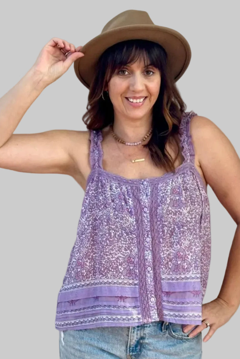 Ashley Printed Sleeveless Top With Lace Lilac