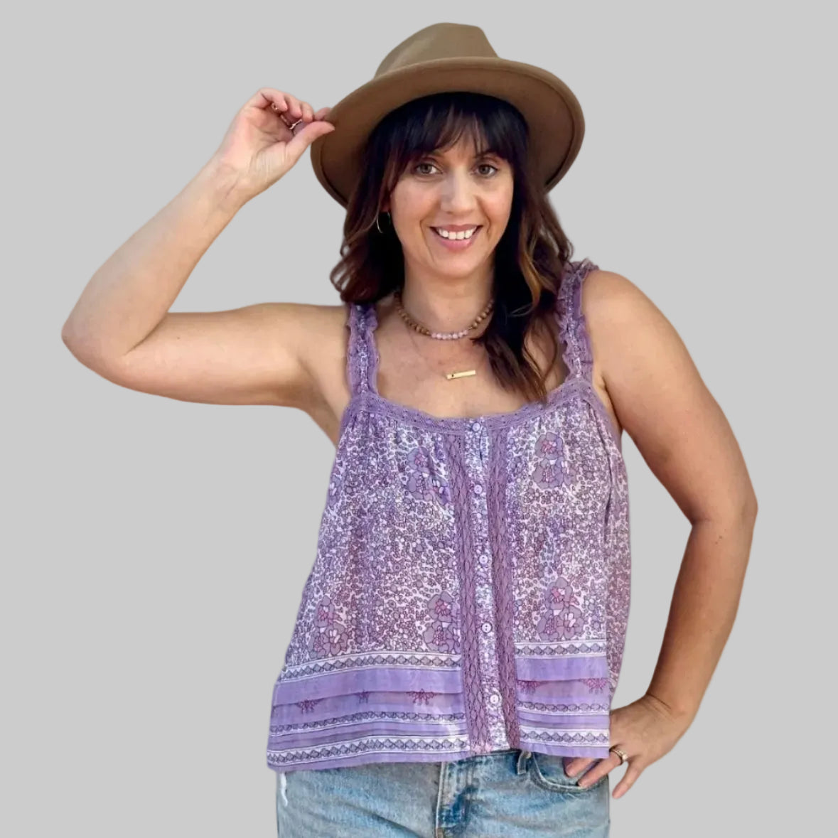 Ashley Printed Sleeveless Top With Lace Lilac