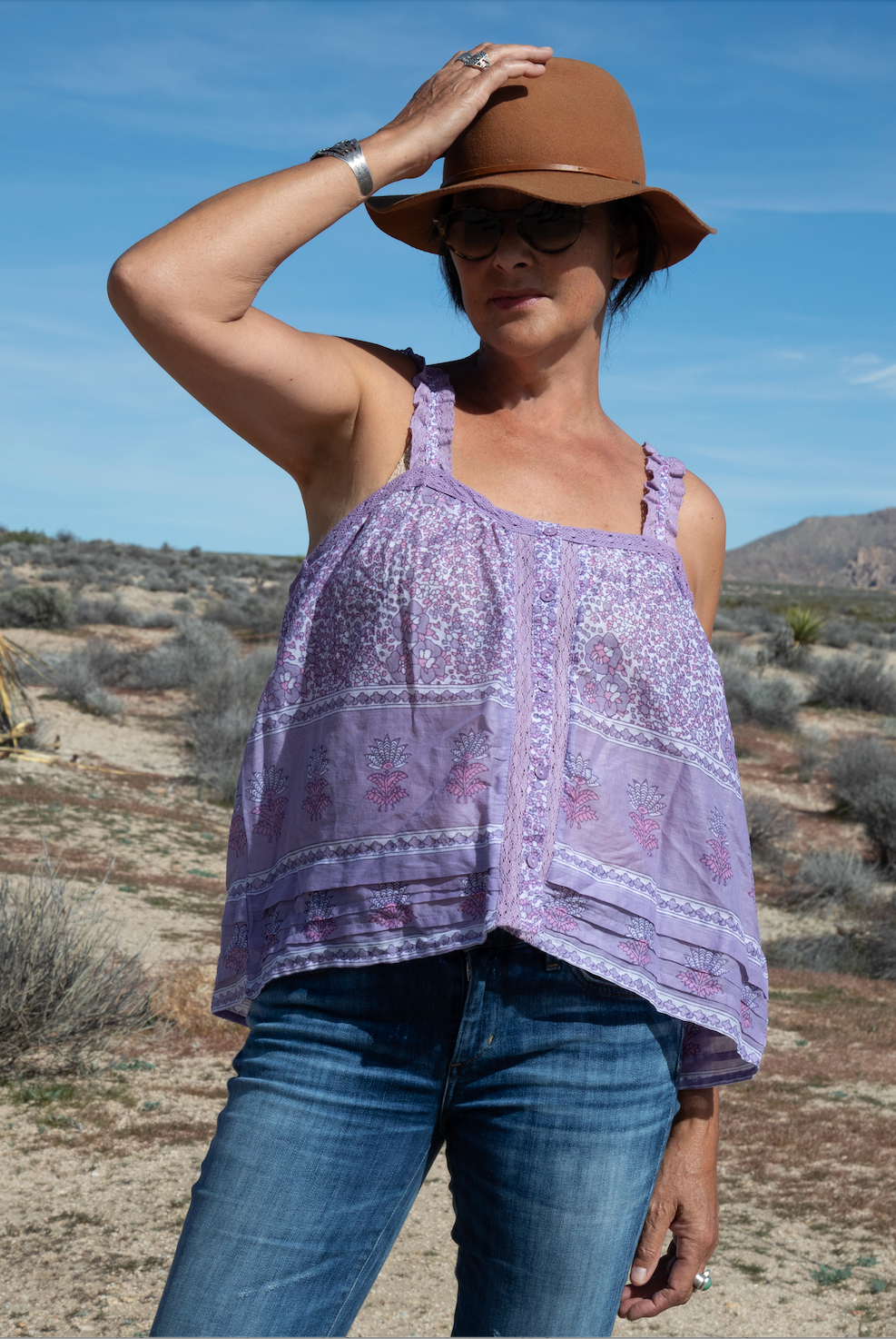 Ashley Printed Sleeveless Top With Lace Lilac