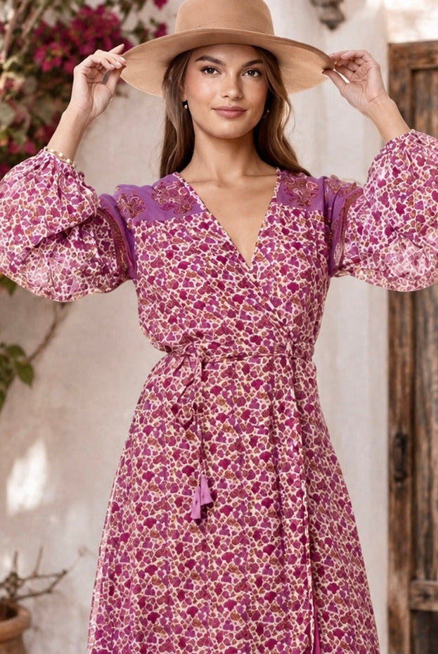 Naomi Printed Maxi Wrap Dress Long Sleeves Pink