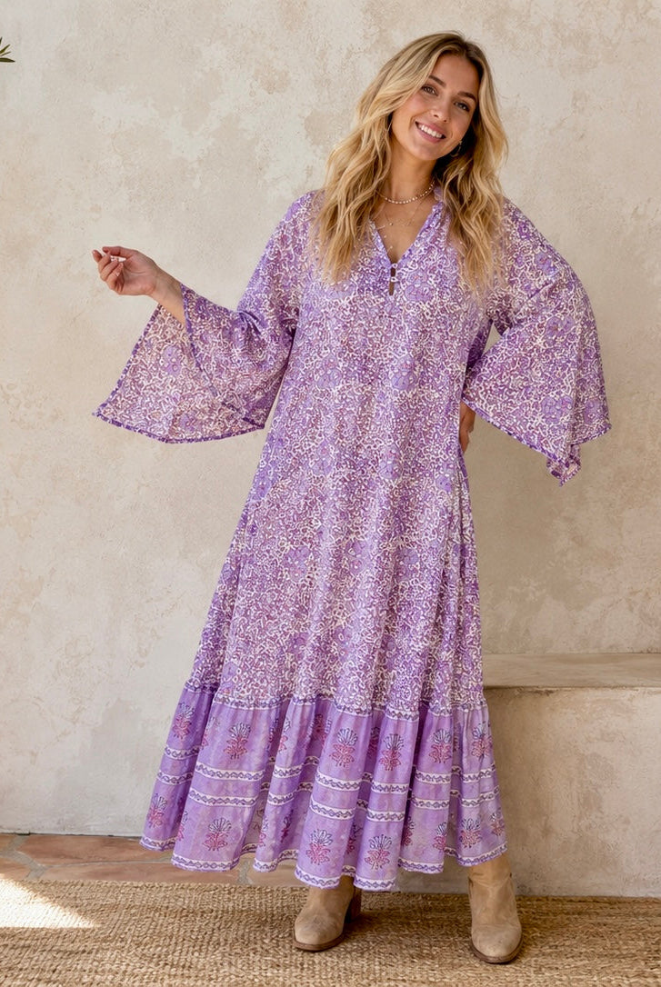 Audrey Printed Maxi Dress With Butterfly Sleeves Lilac