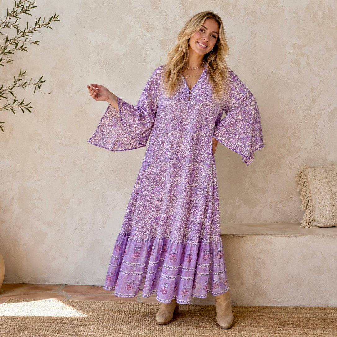 Audrey Printed Maxi Dress With Butterfly Sleeves Lilac