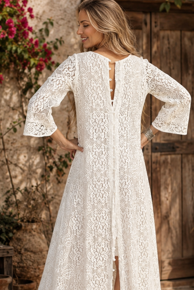 Ibiza Lace Maxi Dress or Duster With Long Sleeves Natural