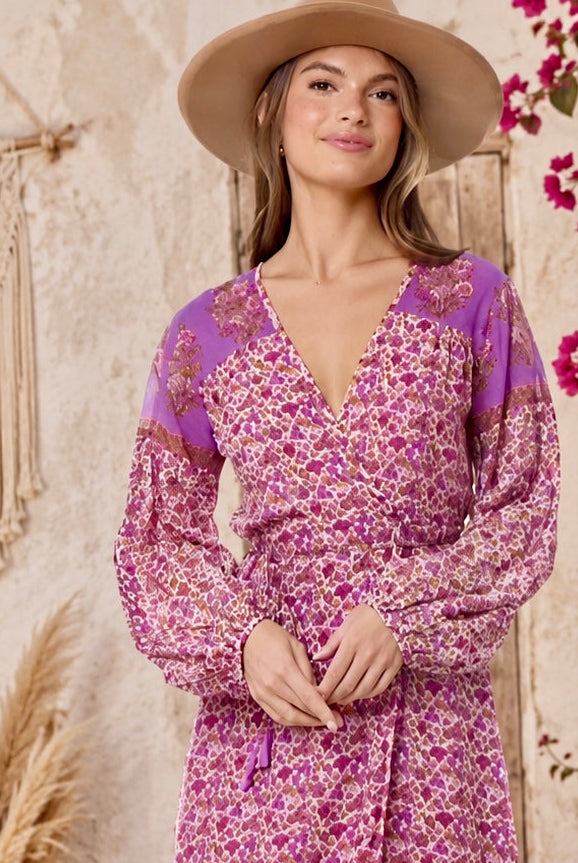 Naomi Printed Maxi Wrap Dress Long Sleeves Pink