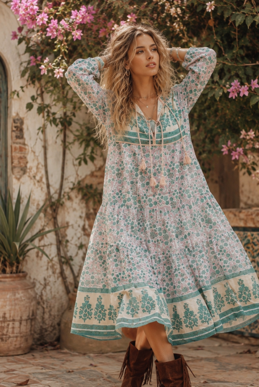 Kayla Printed Long Dress With Tassels Peach/Aqua M