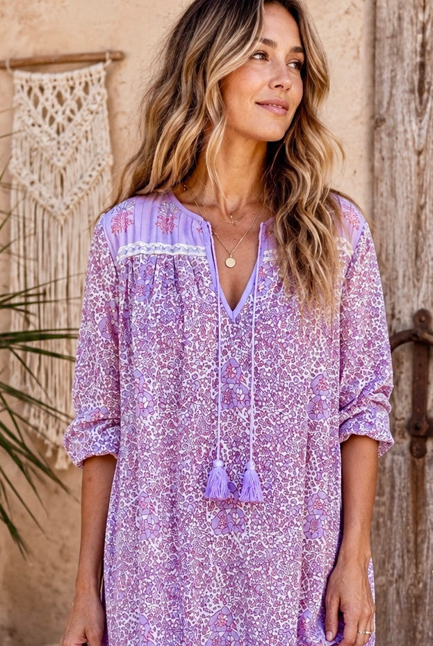 Romy Printed Midi Dress Long Sleeves and Side Pockets Lilac