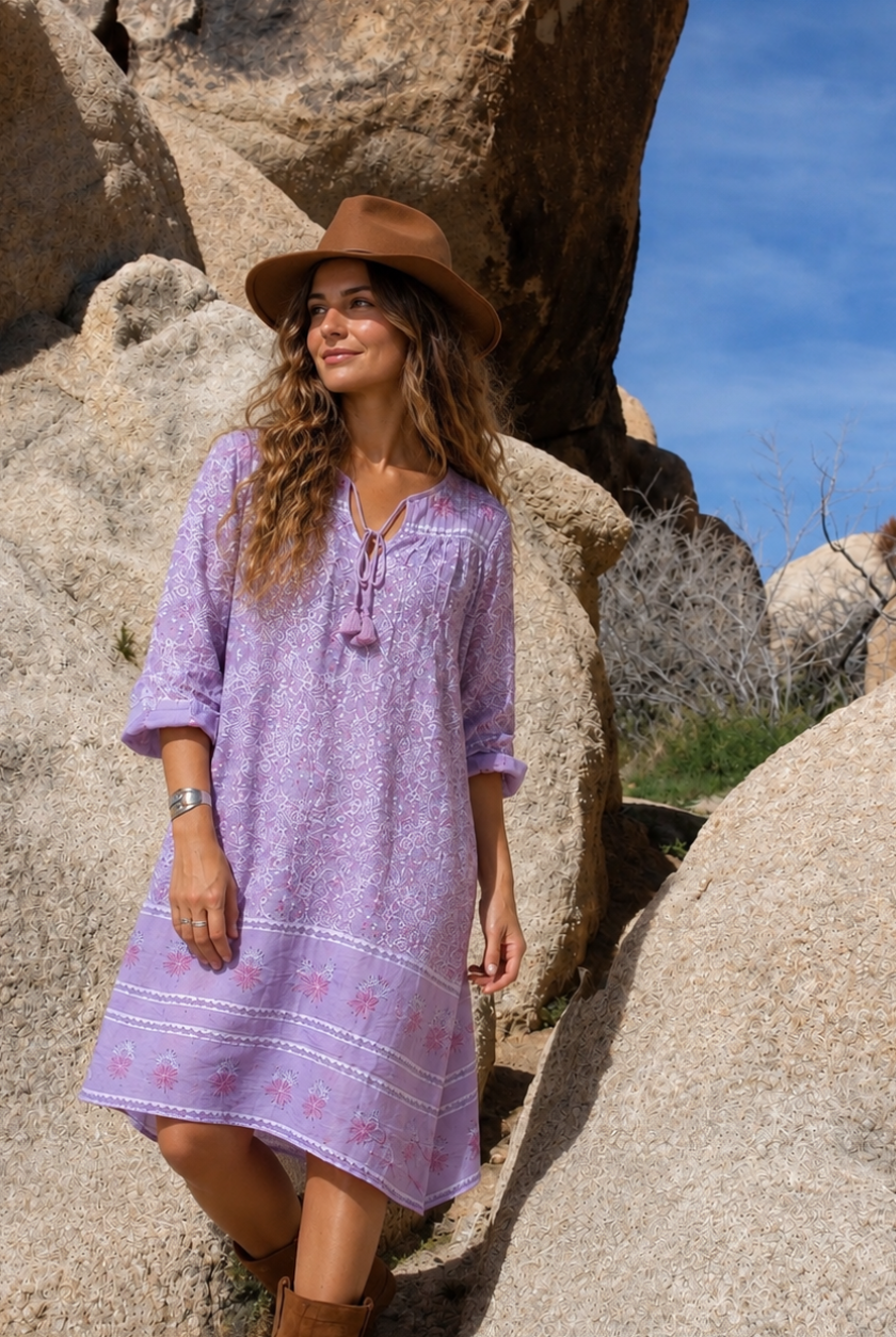 Romy Printed Midi Dress Long Sleeves and Side Pockets Lilac
