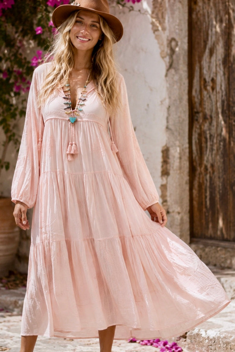 Mylene Hand Embroidered Maxi Dress Long SleevesWith Tassels Peach