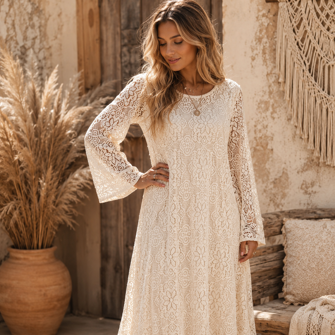 Ibiza Lace Maxi Dress or Duster With Long Sleeves Natural